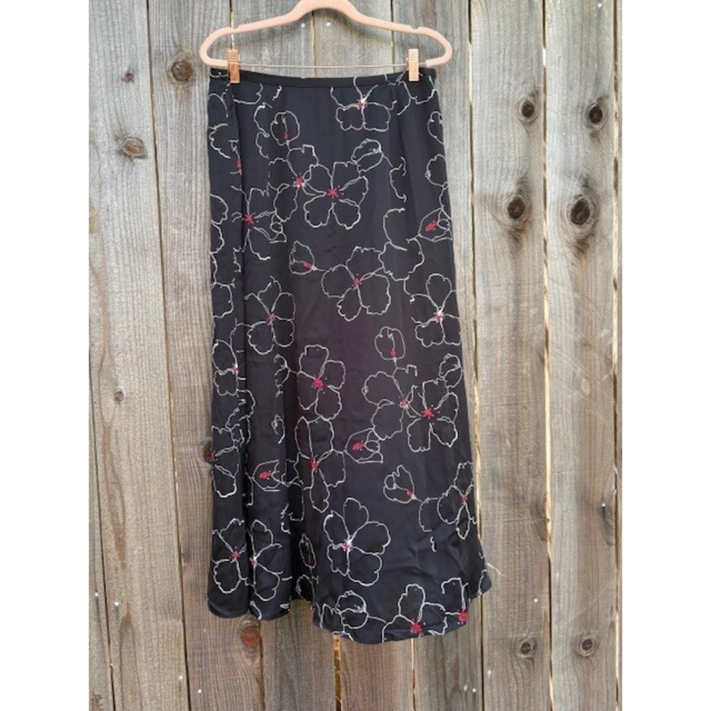 Valerie Stevens Collection Vintage Black Floral Silk Maxi Skirt Women's Size 10